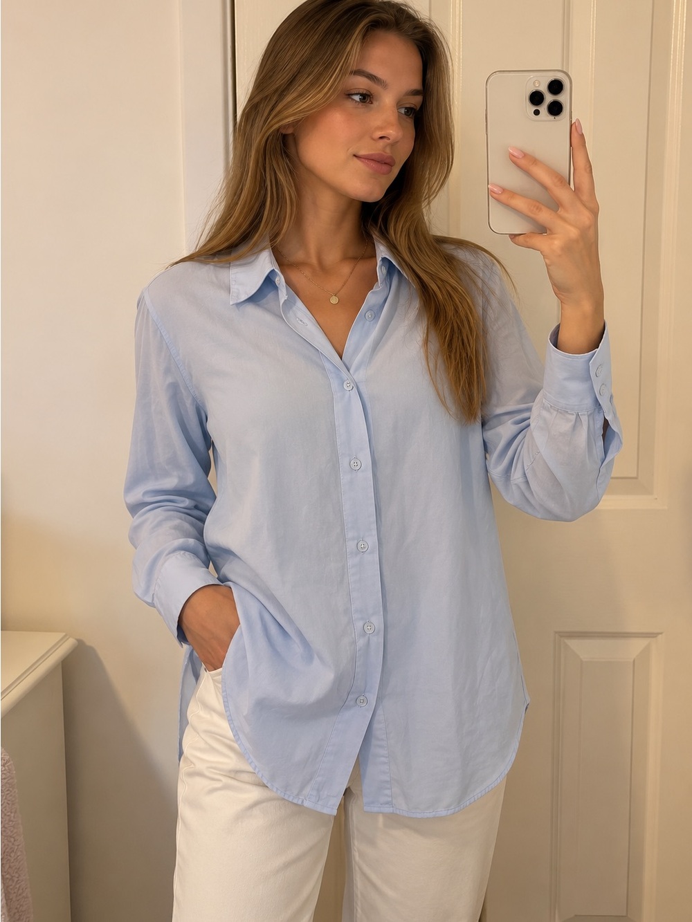 ZARA Women’s M Light Blue Button Down Shirt Long Sleeve Collared
